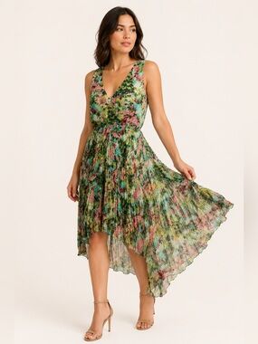 NWOT Lavender Brown Floral One Shoulder Asym Dress Green Pink S